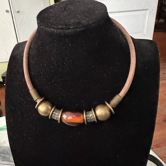 Vintage Bohemian Leather Bead Choker Necklace Women's 1970s - Picture 4 of 6